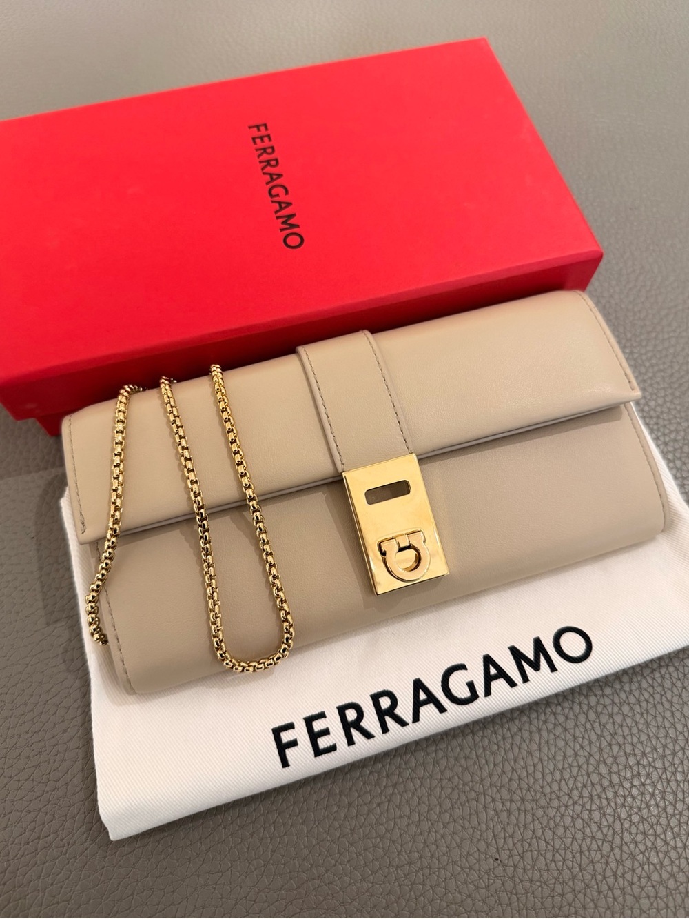$995 Salvatore Ferragamo Hug Wallet Chain - Stone - Picture 2 of 12